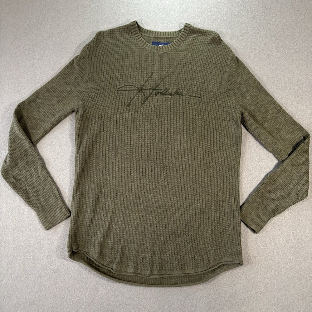 HOLLISTER Thermal Spell Out Shirt Mens L Green Cursive Grunge Skater Y2K Waffle